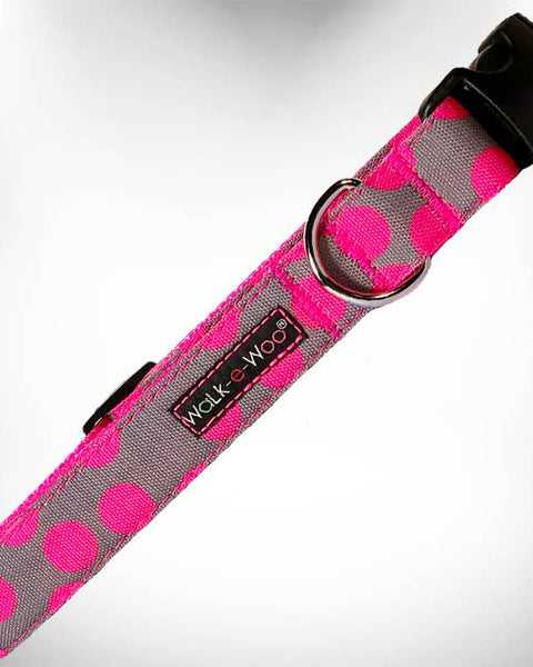 Walk-e-Woo Dog Collar: Neon Pink Dots on Grey