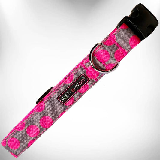 Walk-e-Woo Dog Collar: Neon Pink Dots on Grey