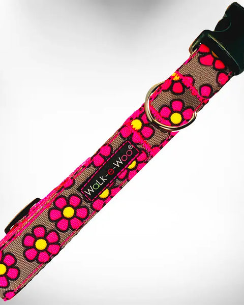 Walk-e-Woo Small Dog Collar: Pink Daisies on Grey