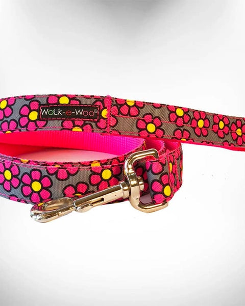 Walk-e-Woo Dog Collar: Pink Daisies on Grey