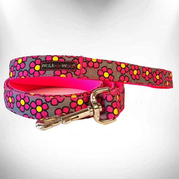 Walk-e-Woo Dog Collar: Pink Daisies on Grey